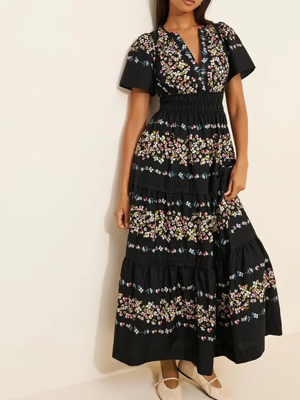Anthropologie Somerset Black Floral Printed Maxi Dress Size SP SMALL PETITE
